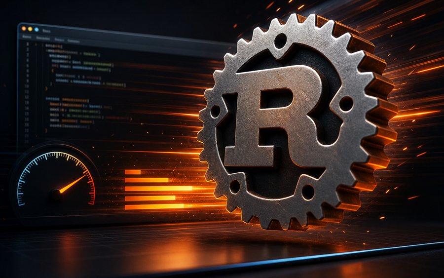 Rust Logo mit rasend schnellen Code- und Performance-Metaphern