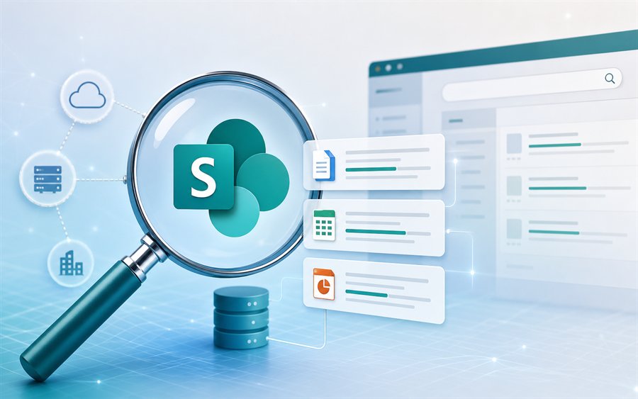 Lupe ueber SharePoint Logo und Suchergebnissen fuer Enterprise Search