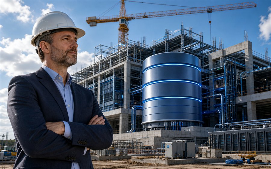 Person mit Bauhelm vor großem IT-Bauprojekt mit Kran und erkennbarer SQL Datenbanktonne