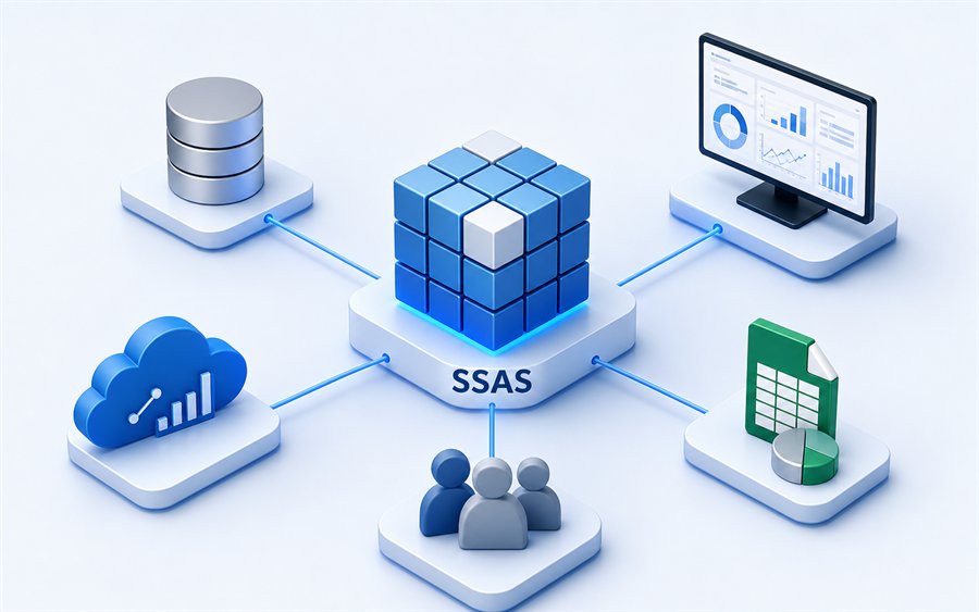 Konzeptionelle Grafik: SQL Server Analysis Services integriert SQL Server, Power BI, Excel und Azure