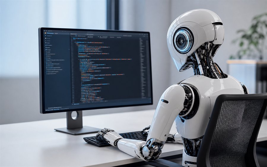 Roboter an einem leeren Schreibtisch schreibt Code als Bild für Vibe Coding